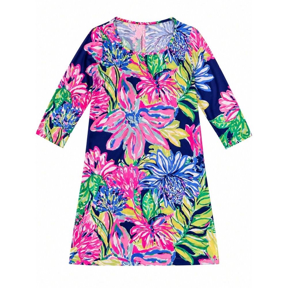 Lilly Pulitzer Pink Blue Floral Pima Cotton 3/4 Sleeve Shift Dress XL